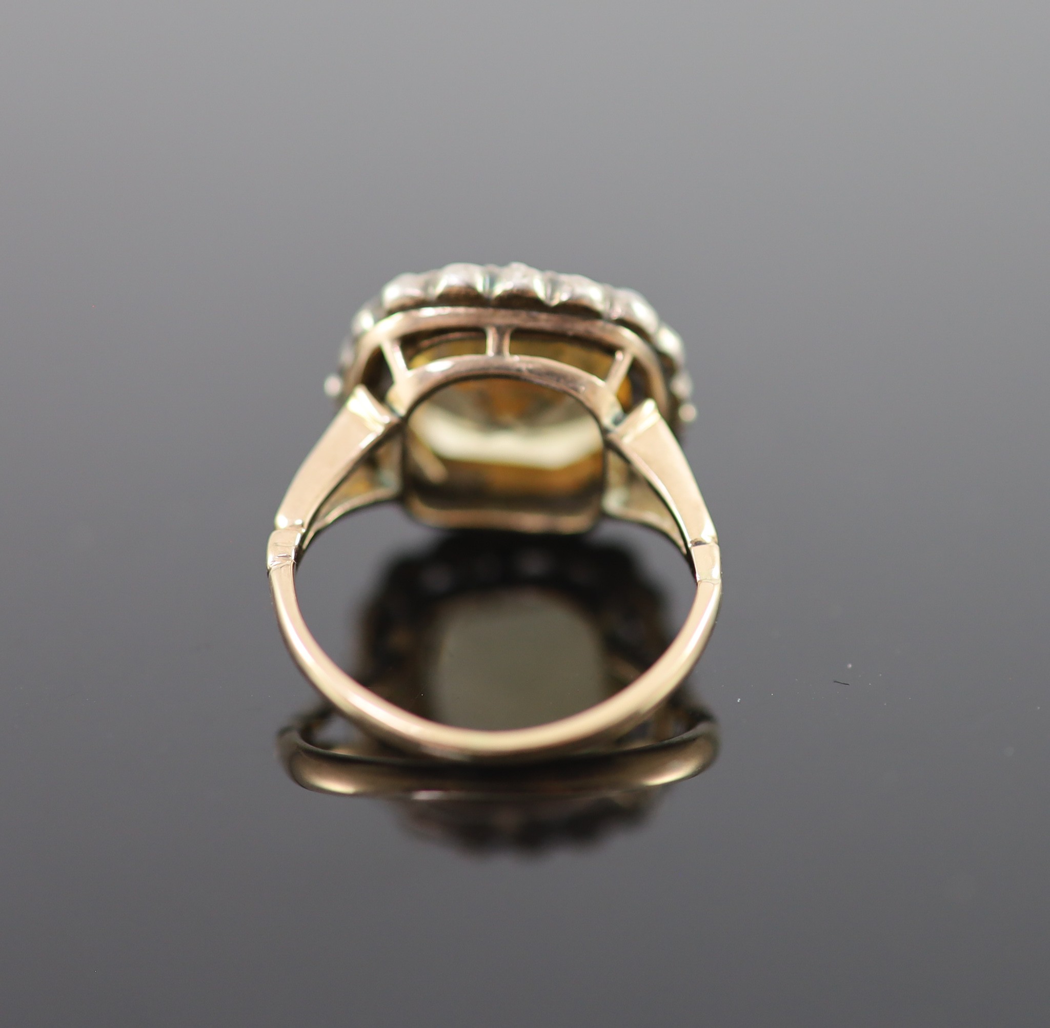 A 19th century gold, citrine and seed pearl set shaped square cluster ring